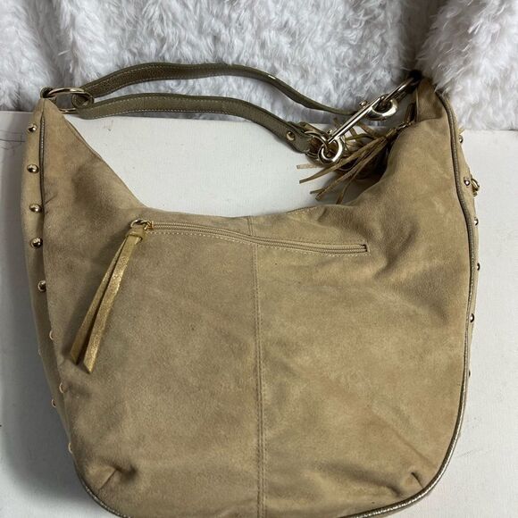 Lexi Bloom khaki faux suede and gold tone studs ajustable shoulder bag - Picture 7 of 12